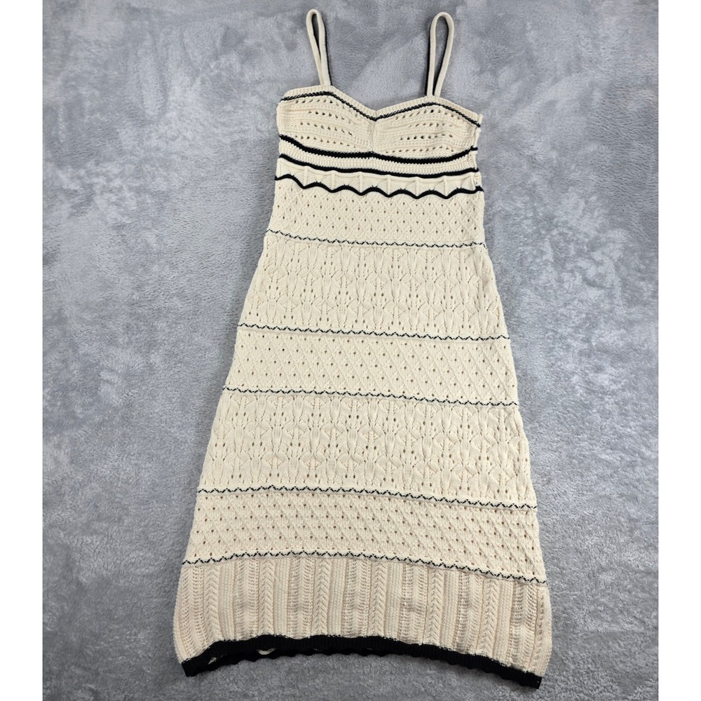 Commense Paros Crochet Eyelet Knit See Through Midi Dress Cream Black Sz M Boho